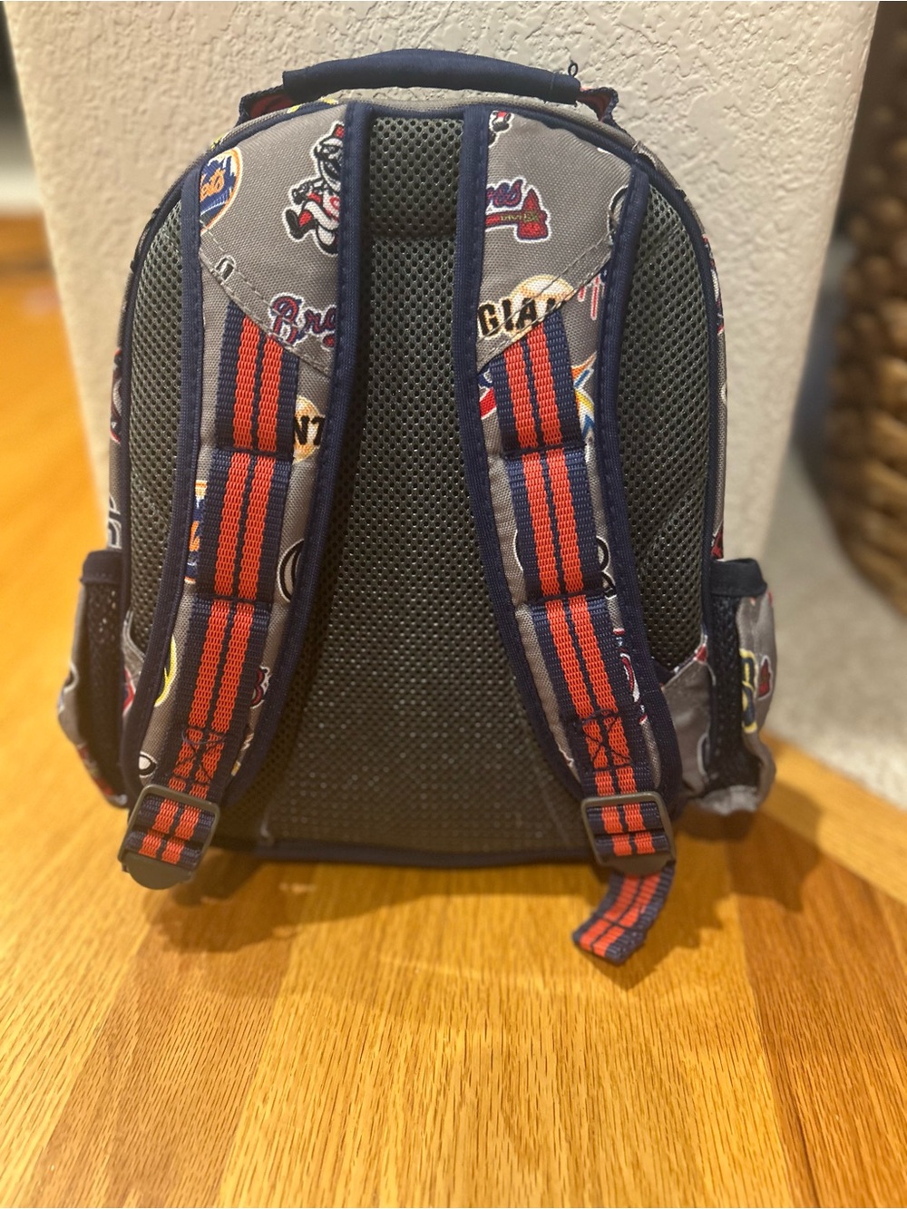 Pottery Barn Kids MLB Baseball Teams Pattern Grey Backpack with Navy Trim - Picture 3 of 3